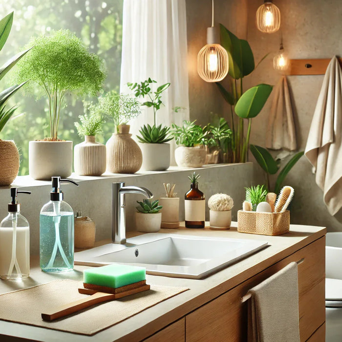 Ein blitzsauberes Badezimmer mit umweltfreundlichen Reinigungsmitteln auf der Ablagefläche, helles und frisches Ambiente, Fokus auf natürliche Materialien