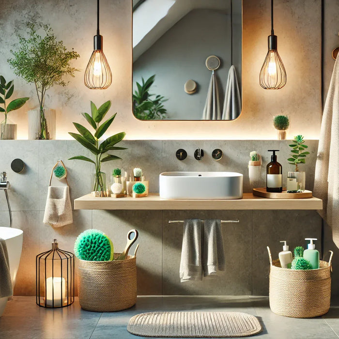 Ein stilvolles, umweltfreundliches Badezimmer mit hochwertigen natürlichen Reinigungsprodukten.