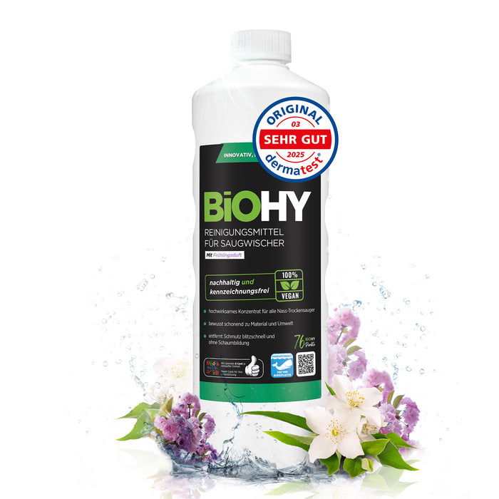 BiOHY cleaning agent for vacuum wipers, cleaners for wet and dry vacuum cleaners, floor care products, organic cleaners