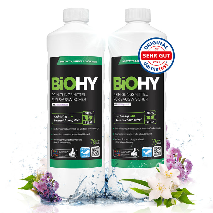 BiOHY cleaning agent for vacuum wipers, cleaners for wet and dry vacuum cleaners, floor care products, organic cleaners