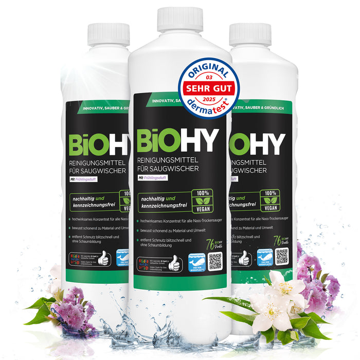 BiOHY cleaning agent for vacuum wipers, cleaners for wet and dry vacuum cleaners, floor care products, organic cleaners