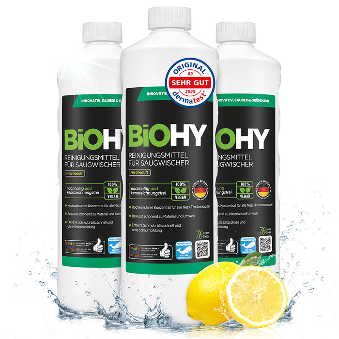 BiOHY cleaning agent for vacuum wipers, cleaners for wet and dry vacuum cleaners, floor care products, organic cleaners