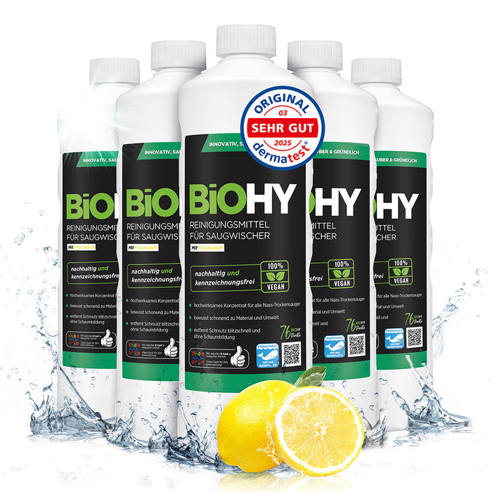 BiOHY cleaning agent for vacuum wipers, cleaners for wet and dry vacuum cleaners, floor care products, organic cleaners