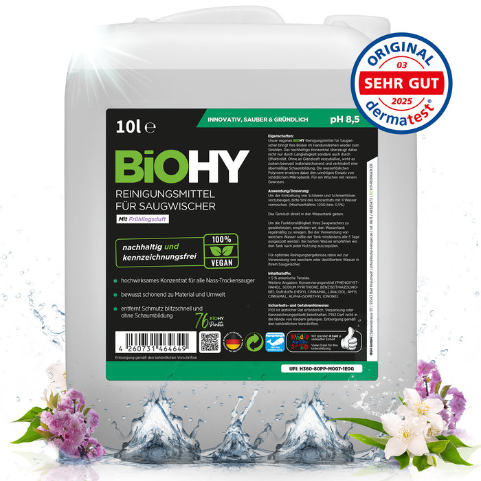 BiOHY cleaning agent for vacuum wipers, cleaners for wet and dry vacuum cleaners, floor care products, organic cleaners