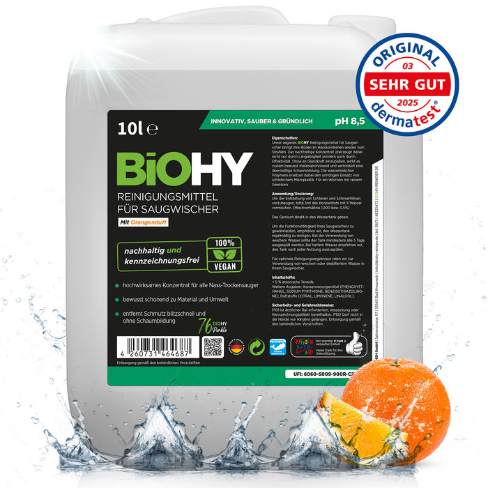 BiOHY cleaning agent for vacuum wipers, cleaners for wet and dry vacuum cleaners, floor care products, organic cleaners