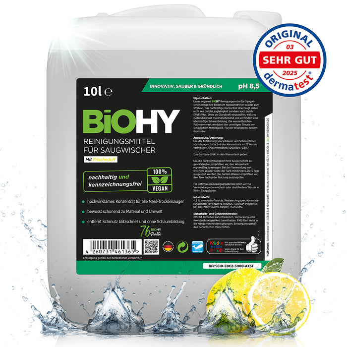 BiOHY cleaning agent for vacuum wipers, cleaners for wet and dry vacuum cleaners, floor care products, organic cleaners