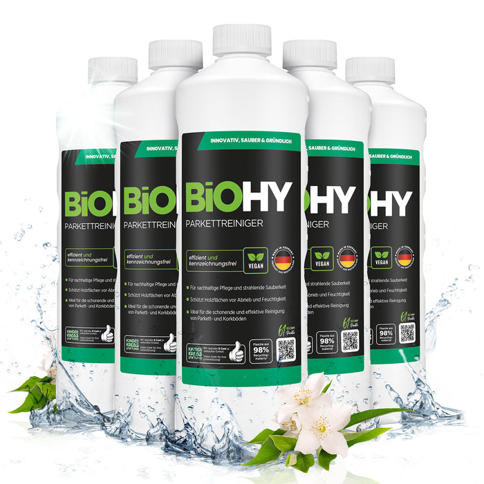 BiOHY Parkettreiniger – umweltfreundlich, vegan & Made in Germany (Etikett mit Dosierhinweis)