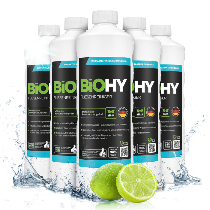 BiOHY Fliesenreiniger – umweltfreundlich, vegan & Made in Germany (Etikett mit Dosierhinweis)