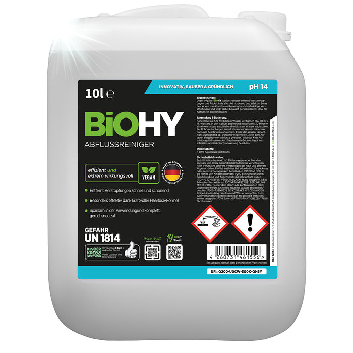 BiOHY Abflussreiniger – umweltfreundlich, vegan & Made in Germany (Etikett mit Dosierhinweis)