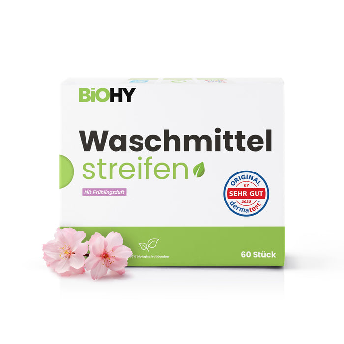 BiOHY Waschmittel Blätter mit Frühlingsduft – Produktansicht der vorportionierten Waschstreifen