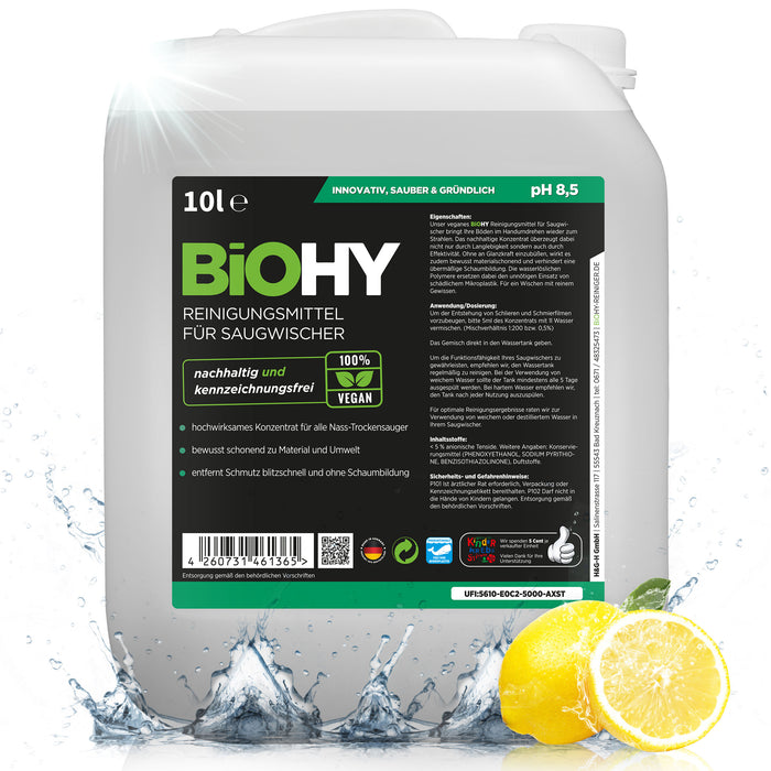 BiOHY cleaning agent for vacuum wipers, cleaners for wet and dry vacuum cleaners, floor care products, organic cleaners