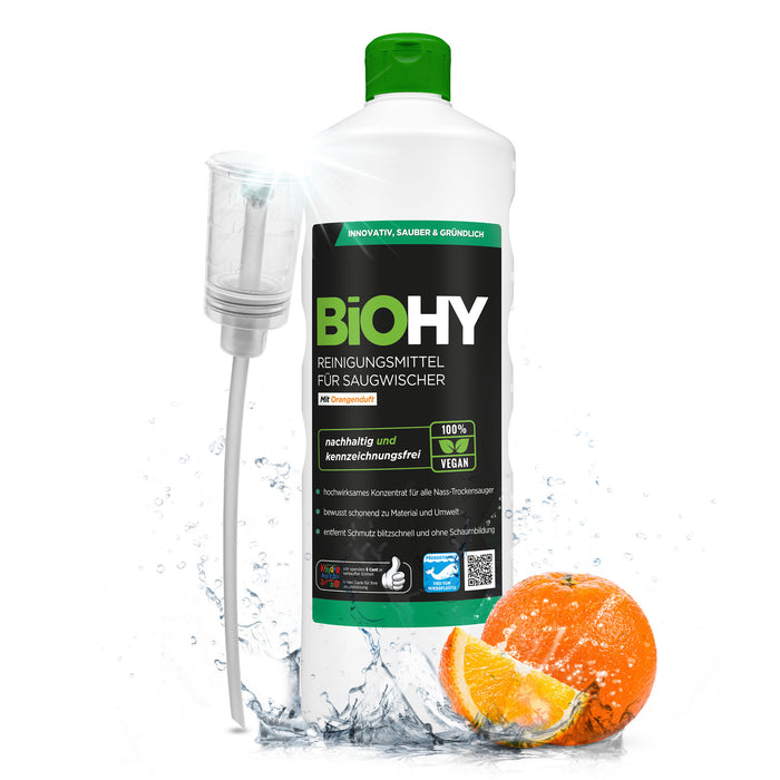 BiOHY cleaning agent for vacuum wipers, cleaners for wet and dry vacuum cleaners, floor care products, organic cleaners