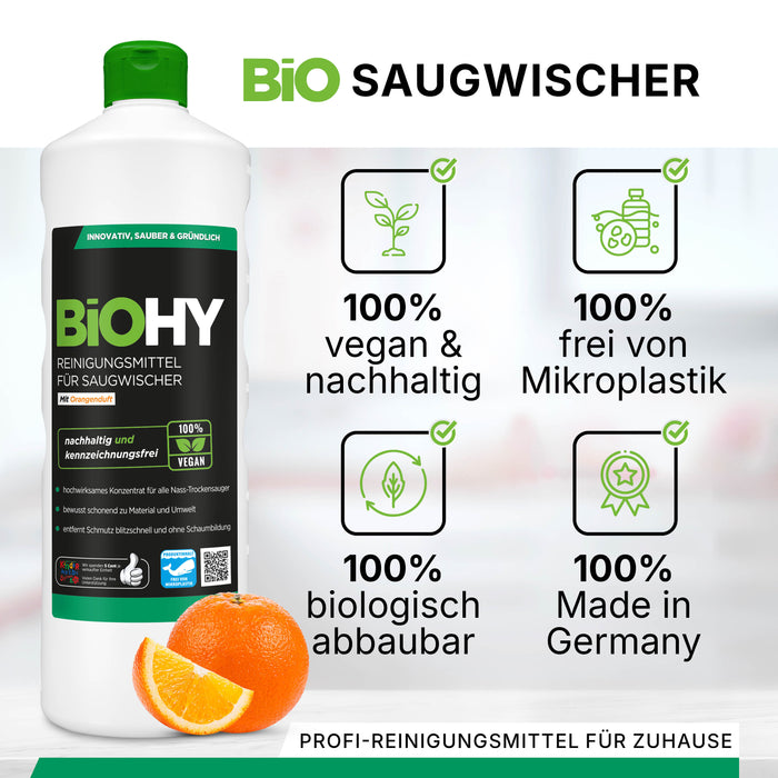 BiOHY cleaning agent for vacuum wipers, cleaners for wet and dry vacuum cleaners, floor care products, organic cleaners