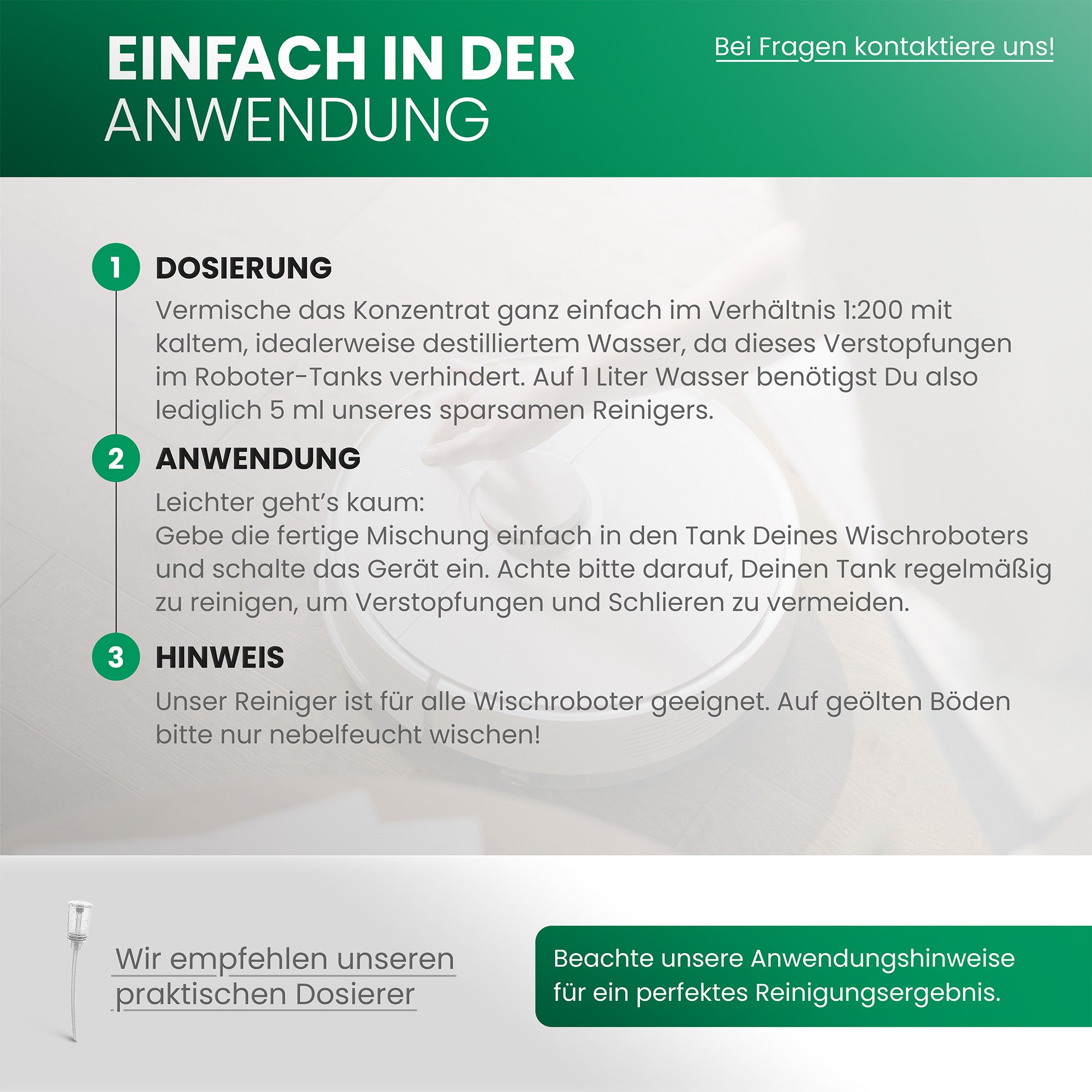 Wiper robot Cleaning agent for wooden floors, cleaner for wiping robots, non-foaming floor cleaner, organic concentrate