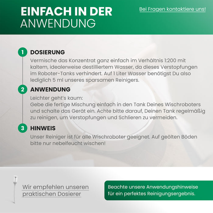 Wiper robot Cleaning agent for wooden floors, cleaner for wiping robots, non-foaming floor cleaner, organic concentrate