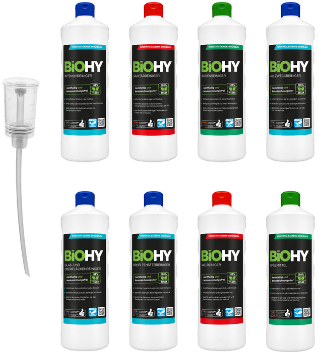 Produktbild von BiOHY Profi Reinigungsmittel-Komplett-Set (8x1l Flasche) + Dosierer